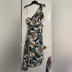 Nicole Miller One-Shoulder Multicolor Leaf Dress